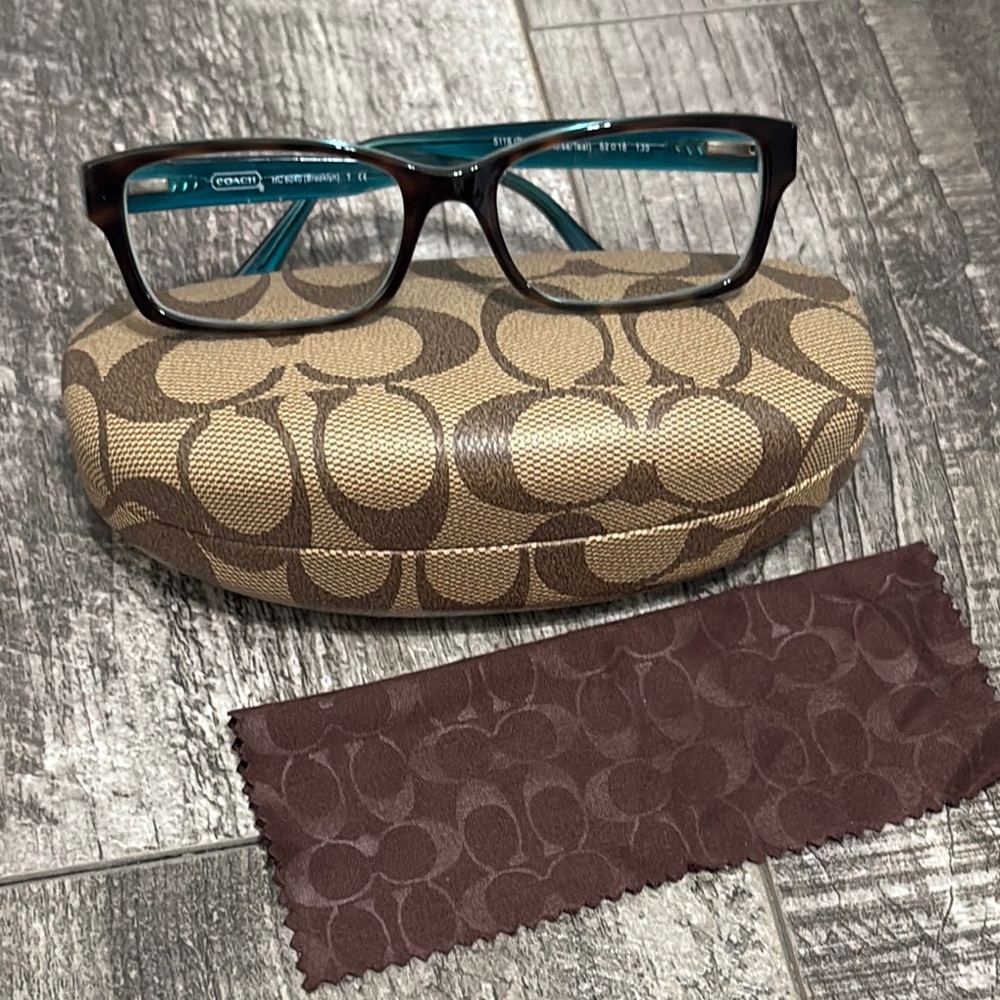 Coach Tortoise and Teal Brooklyn Eyeglasses with Signature Case and Dust Cloth